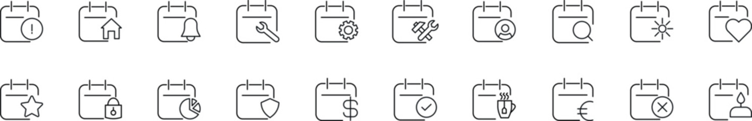 Set of vector outline symbols of calendars with various items. Editable stroke. Line icon for web sites, newspapers, articles book