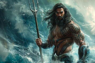 A man with long hair and tattoos is holding a sword and standing in the ocean
