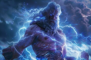 A man with long hair and a beard stands in front of a storm with lightning bolts - obrazy, fototapety, plakaty