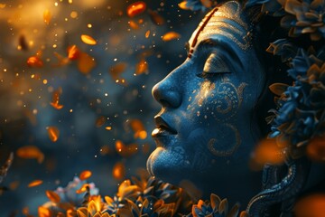 A woman with blue face and blue hair is surrounded by orange flowers