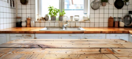 Empty wooden table on a blurred kitchen counter background, ideal for various purposes