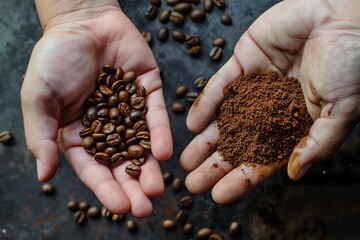 A person holding coffee beans in one hand and ground coffee in the other. People showing the quality of coffee beans and fresh and aromatic premium ground coffee. - obrazy, fototapety, plakaty