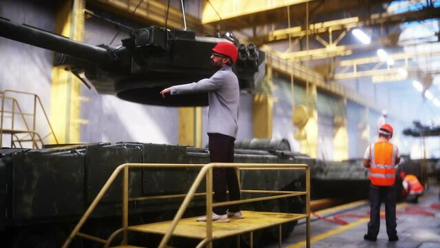 Production of military russian battle tank T 90 at the factory. Military factory weapon. Realistic 4k animation.