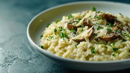 A creamy mushroom risotto garnished with parmesan shavings and parsley, served in a white dish against a deep navy background for a sophisticated presentation.