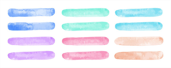 Light pastel colors watercolor brush strokes, stripes, streaks set. Text backgrounds, highlighters bundle. Hand drawn watercolour smears, smudges, banners. Aquarelle stains social media templates.