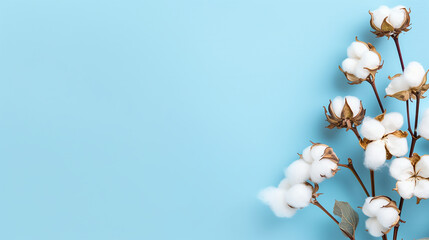 Branch of cotton flowers on a blue background. Copy space
