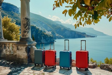 Fototapeta na wymiar Four suitcases with sea view and ancient columns