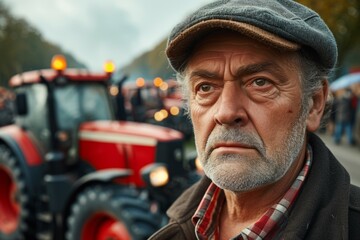 Fototapeta premium Male farmer at a protest. Backdrop with selective focus and copy space