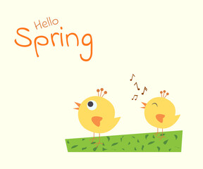 Hello spring background with little birds in, vector, illustration. spring funny birds on a soft pastel color background. Card, sticker, poster, print, banner Positive spring vector illustration.