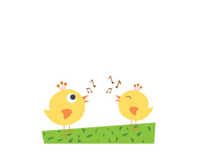 Hello spring background with little birds in, vector, illustration. spring funny birds on a soft pastel color background. Card, sticker, poster, print, banner Positive spring vector illustration.