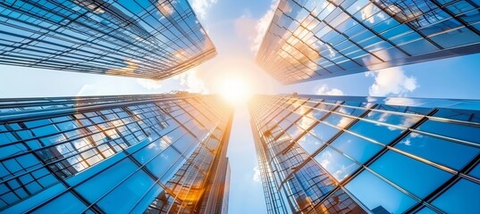 Mirrored skyscrapers and modern business offices against a backdrop of clear blue sky