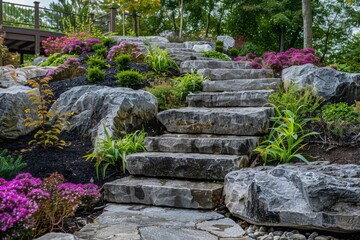 Garden staircase with stone steps and flowering plants