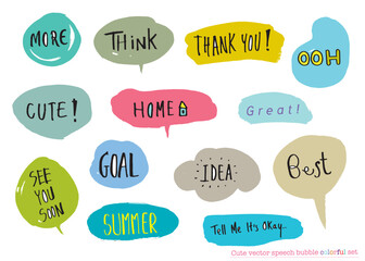 Cute vector speech bubble colorful set,Hand drawn set of speech bubbles with handwritten for book ,card, business, poster design. Vector illustration design for fashion fabrics, textile graphics
