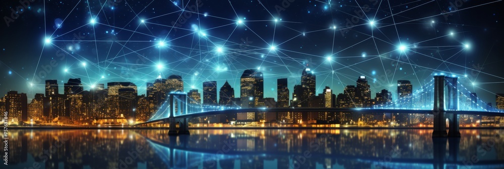 Poster abstract modern cityscape with wireless network and connection technology concept