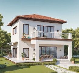 Fototapeta na wymiar modern house with a large balcony and a beautiful garden.