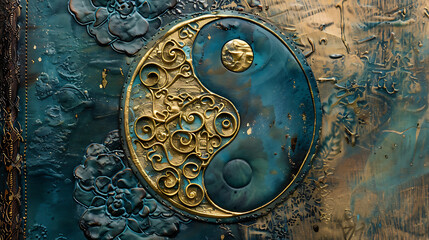 Naklejka premium Adorning the cover of a leather-bound journal, the yin and yang symbol is intricately embossed in gold leaf