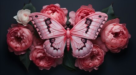 pink butterfly, sitting on pink flowers, trendy color, color of the year, macro photo, super...