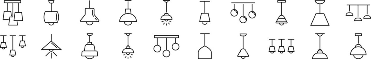 Fototapeta na wymiar Collection of outline symbol of chandelier. Editable stroke. Simple linear illustration for stores, shops, banners, design