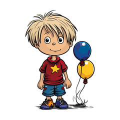 a cartoon character in the style of Mr. Men of a 4 year old slim boy with light hair on his birthday