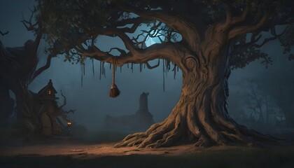 Enchanted Rest: Witch's Broomstick Parked Beside Ancient Tree, Conjuring a Scene of Halloween Magic and Mystical Connection with Nature's Whispering Spirits
