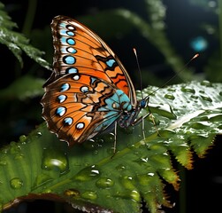 beautiful butterfly, sitting on a flower, on a leaf, macro photo, super detailed photo, raindrops, postcard, insect,
