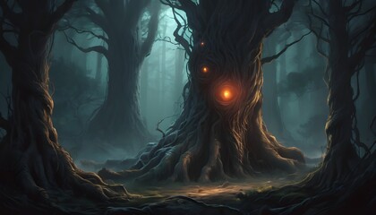 Eerie Forest: Glowing Eyes Peering from Twisted Tree Trunks Create Spine-chilling Scene