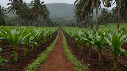 Fototapeta na wymiar Narrow path going through green plants on banana plantation on overcast day in nature. generative.ai 