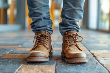 Close-up view of a person's feet wearing fashionable brown leather boots standing on a brick pavement - Powered by Adobe
