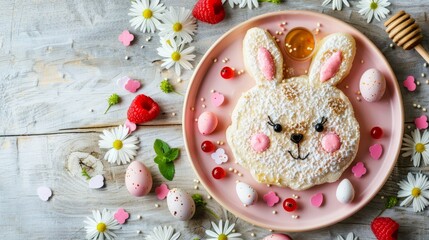 Cute easter bunny pancake breakfast with berries, honey, and pastel eggs on wooden background - obrazy, fototapety, plakaty