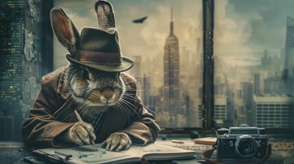 Journalist Rabbit with Camera Overlooking City
