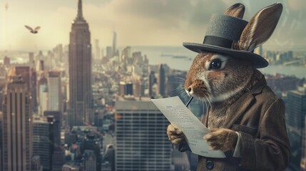 Detective Rabbit Reading in Urban Landscape
 - obrazy, fototapety, plakaty