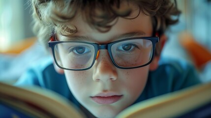 Young boy with rectangular glasses reading a book