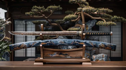 Ingelijste posters A finely crafted Japanese Katana with detailed markings rests on a traditional wooden display stand, all set against a backdrop of manicured bonsai trees © Dacha AI