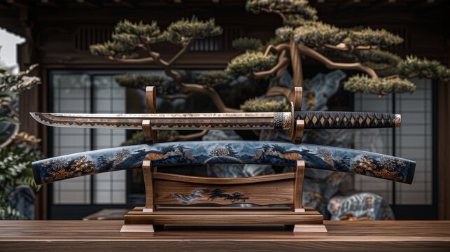 A finely crafted Japanese Katana with detailed markings rests on a traditional wooden display stand, all set against a backdrop of manicured bonsai trees