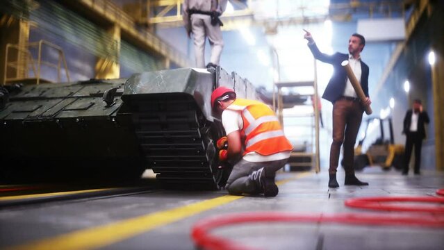 Production of military russian battle tank T 90 at the factory. Military factory weapon. Realistic 4k animation.