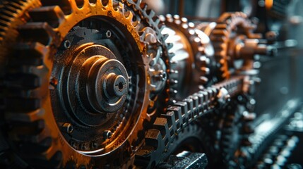 Close-up of intricate machinery with gears and cogs, showcasing industrial engineering and mechanical design.