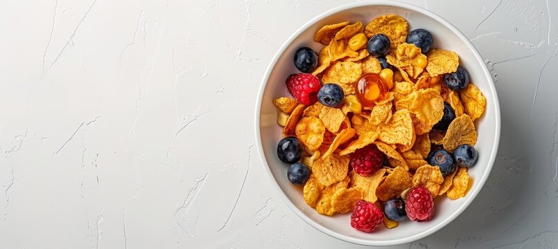 Delicious american breakfast  cornflakes with berries and honey on white background with copy space