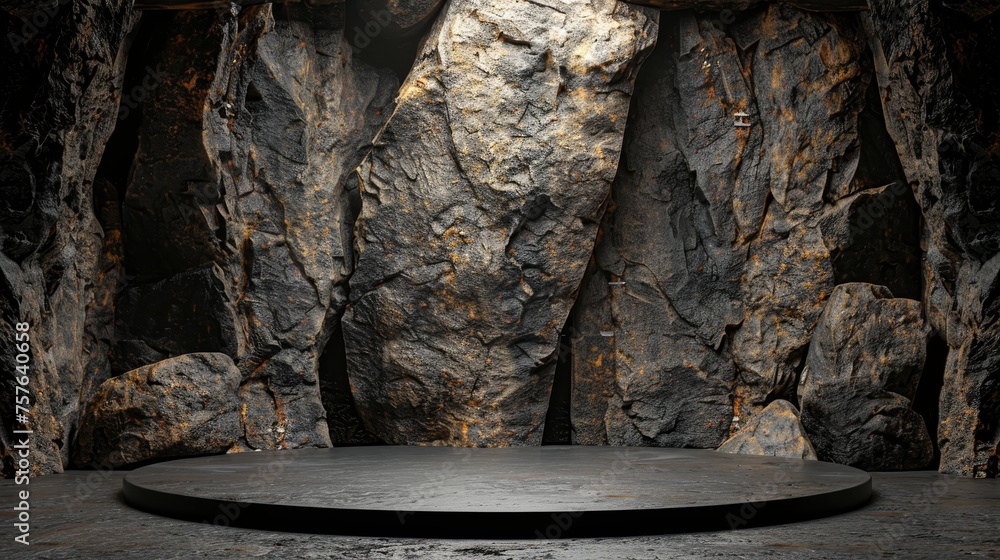 Poster dark stone podium for product display with geometric marble showcase and minimal presentation space.
