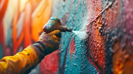 Fototapeta premium A paint sprayer in action, spraying a graffiti mural on a concrete wall.