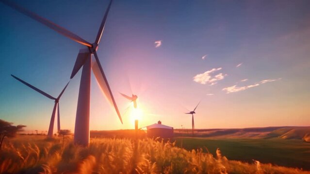 Wind turbines in a sunset sky, harnessing renewable energy amidst nature's beauty