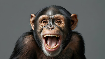 portrait a chimpanzee primate laughing broadly on a gray background. Generated AI  - obrazy, fototapety, plakaty