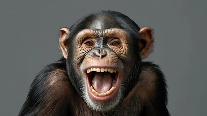 Fotobehang portrait a chimpanzee primate laughing broadly on a gray background. Generated AI  © ARSHAD