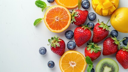 Fresh mixed fruits with mint on white background. Healthy eating concept.