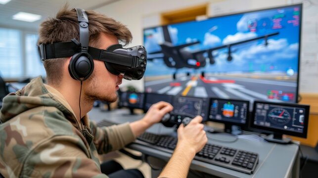 Virtual reality aviation exam  man in flight simulator at aviation school controls virtual aircraft.