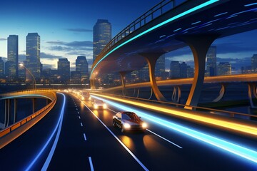A visionary concept of a highway lit by street lamps powered by kinetic energy from the vehicles