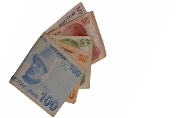 Turkish Lira Banknotes and white background