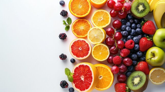 Assorted fresh fruits including oranges, kiwis, and berries arranged on a white background with copy space.