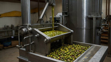 olive being pressed in a metal vice to produce olive oil. generative.ai - obrazy, fototapety, plakaty