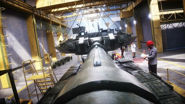 Production of military russian battle tank T 90 at the factory. Military factory weapon. Realistic 4k animation.