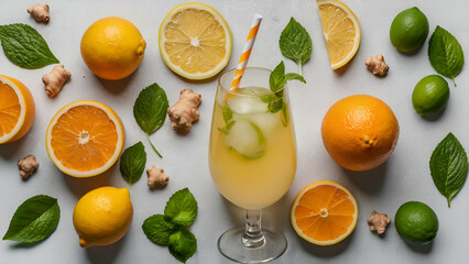 Homemade lemon ginger drink in a glass bottle on kitchen table, blurry bright background. generative.ai